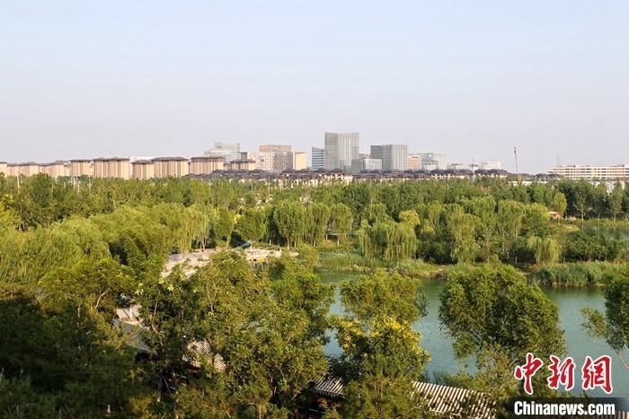 從完成頂層設(shè)計到如火如荼大規(guī)模建設(shè)，六年來，雄安新區(qū)如春天的竹子一般拔節(jié)生長，這座承載千年大計的“未來之城”已雄姿初顯。從“一張白紙”開始著墨，如今的雄安新區(qū)已是濃墨重彩的“山水畫”。<a target='_blank' href='/'>中新社</a>記者近日走訪了雄安新區(qū)多地，從“藍(lán)綠金”三色感受這座“未來之城”的巨大變化。圖為7月18日拍攝的河北雄安新區(qū)金湖公園。 <a target='_blank' href='/'>中新社</a>記者 易海菲 攝
