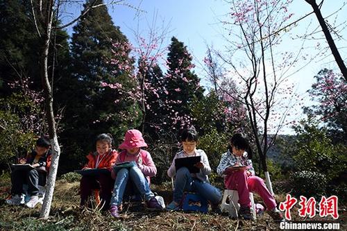 春城桃花節(jié)昆明萌娃桃花節(jié)里畫桃花