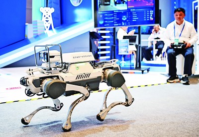  網(wǎng)絡(luò)安全博覽會(huì)上的企業(yè)展示電網(wǎng)巡線機(jī)器狗。新華社記者 鄧華攝