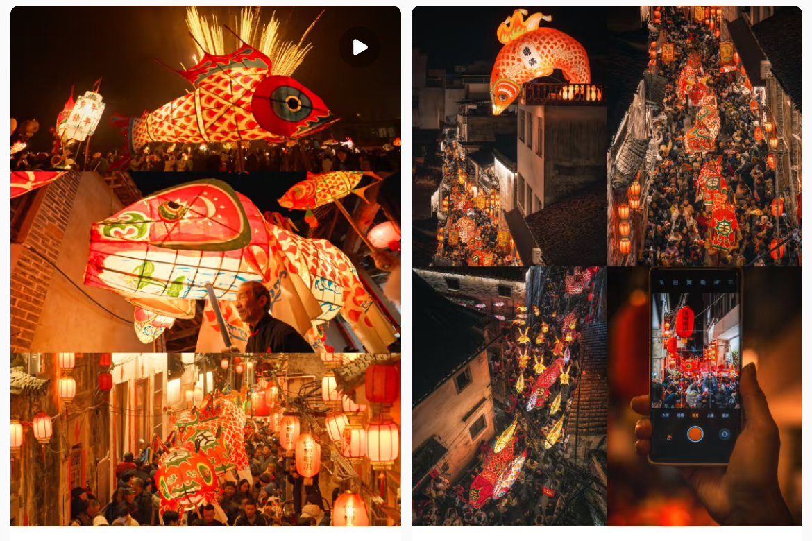 魚燈相關(guān)視頻、圖片獲得數(shù)萬點贊。社交媒體截圖